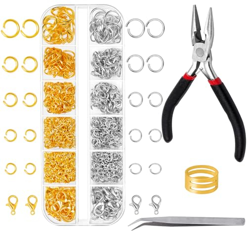 Biegeringe für Schmuckherstellung, Biegering und Kettenverschluss Set mit Schmuckzange Pinzette Biegeringöffner, für DIY Halsketten Armband und Reparatur (1200 Stück, Silber und Gold)