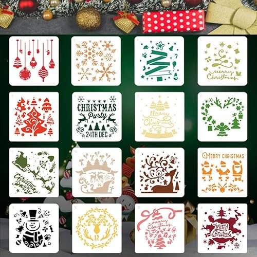 Plantillas de Navidad Plantilla de Pintura, FaJoek 16 Pcs Plantillas de Plástico Reutilizables, Plantillas de Copo de Nieve de Navidad, para los Adornos Navideños DIY, Scrapbooking, Ventana