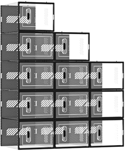 MYHMCT Shoe Storage Boxes 12 Pack Shoe Organizer for Closet, Clear Plastic Stackable Shoe Containers Under Bed Shoe Storage for Entryway, Closet Floor, Drop Front, Fit up to UK Size 12, Black