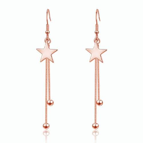Kamise Silver Drop Earrings for Women, 925 Sterling Silver Drop Earrings with Two Long Tassel Ball Chain, Rose Gold Star Dangle Hook Earrings Gifts for Christmas Birthday Valentines Anniversary