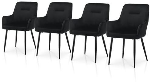 TUKAILAI Esszimmerstühle 4er-Set aus Samt, Küchenstühle mit Armlehnen, Freizeitstühle mit Metallbeinen und Kissen, Esszimmer, Wohnzimmer, Schlafzimmer, Empfangsraum, Restaurant,Schwarz