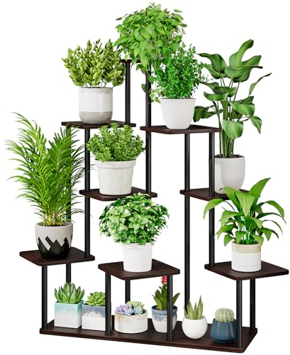 AZERPIAN Pflanzenständer, 9 Etagen, Metall, Blumenregal für mehrere Pflanzen, Ecke, hohe Blumenhalter für Terrasse, Garten, Wohnzimmer, Balkon, Schlafzimmer, schwarze Eiche
