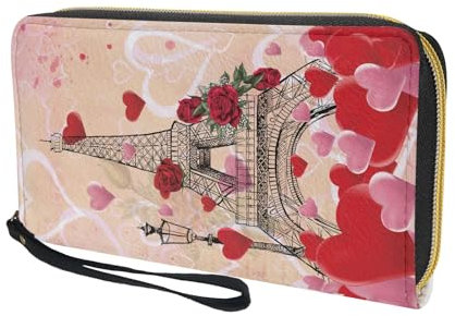 TOADDMOS Niedlicher Druck PU-Leder Geldbeutel Geldbörse für Frauen, Damen-Geldbörsen Reißverschluss Münze & Karte Clutch Geldbörse mit Handschlaufe, Eiffelturm Liebe, Casual