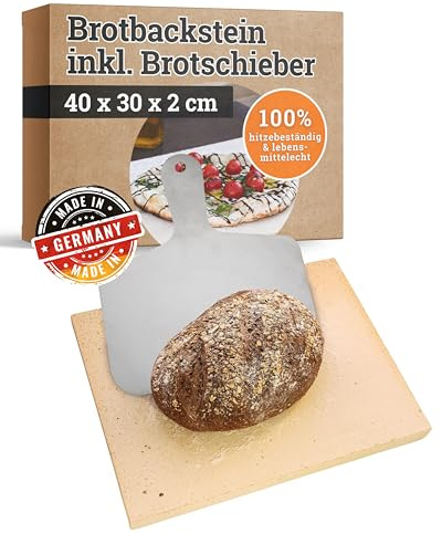 Feuerfest 123 Brotbackstein eckig inkl. Brotschieber I 40x30x2cm I Lebensmittelechte Backofen-Steinplatte aus Schamotte I Backstein für Backofen & Grill I Ideal für Brot, Pizza & Flammkuchen