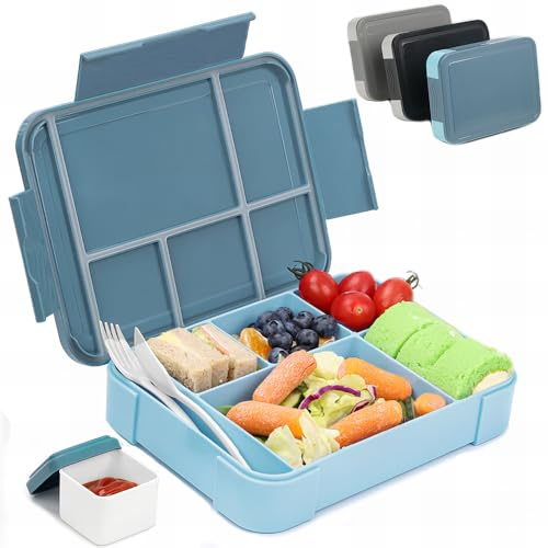 Bugucat Bento Lunch Box 1330ML with 6 Compartments - Leak Proof Kids Lunchbox for School, Kindergarten - Cutlery Included -Qblue