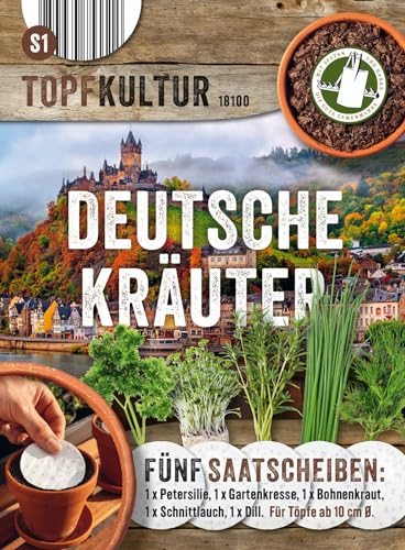 Saatscheiben Deutsche Kräuter, 5 Stk, 8 cm Durchmesser, 10g, Anzucht Samen-Set auf der Fensterbank oder dem Balkon, Gartenkresse, Bohnenkraut, Schnittlauch, TopfDill, Petersilie