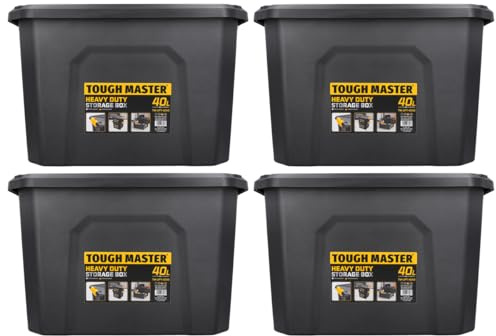 TOUGH MASTER Plastic Storage Box with Lid 40L, Box Size 49x38x32cm, Heavy Duty Tool Box Stackable for Home, Office & Workshop (Pack of 4)