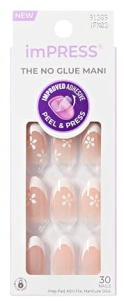 KISS imPRESS No Glue Mani Press On Nails, French, 'Fearless', Light Neutral + White Tip French, Medium, Almond Shape, Includes 30 Nails, Prep Pad, Instructions Sheet, 1 Manicure Stick, 1 Mini File