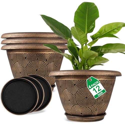 Fodetyff 30,5 cm großer Pflanztopf für Pflanzen drinnen und draußen, 4 Stück Kunststoff-Blumentöpfe mit Ablaufloch und Tablett, moderner dekorativer Gartentopf mit Untersetzer, Pflanzenbehälter für