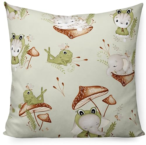 PinkZebra Kopfkissenbezug Kinder, Kissenbezug 80 x 80 cm aus 100% Baumwolle, Kissenhülle Jungen, Öko-tex Standard 100, Kinderbezüge mit Reißverschluss, Frosch & Freunde