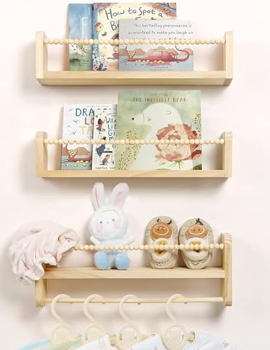 Mazjoaru Wandregal Kinderzimmer Holz Bücherregal Kinder Wand 3er Set Kinderregal mit Holzperlen-Design Wanddeko Aufbewahrungsregal für Kinder Bad Wohnzimmer