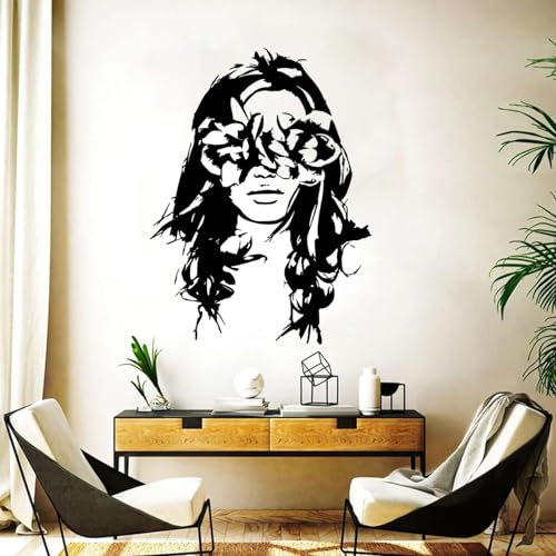 YYZOVBNN Schönheitssalon Spa Haare Nägel Wandtattoo Mädchengesicht mit Pfingstrosenaugen Wandtattoo Mädchenzimmer Badezimmer Wandkunst Aufkleber,56x42cm