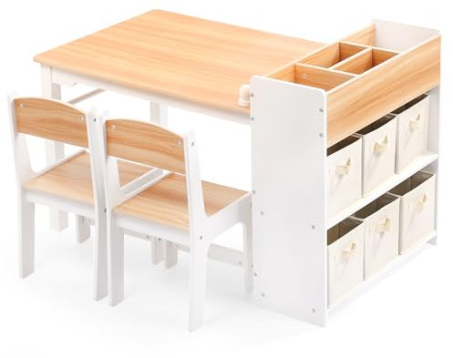 Relquorax Kindertisch mit 2 Stühlen aus Holz, Kinder Maltisch mit kippbarer Tischplatte, 6 Aufbewahrungsboxen und Papierrolle, Kindersitzgruppe mit Stauraum für Kinderzimmer (Natur)