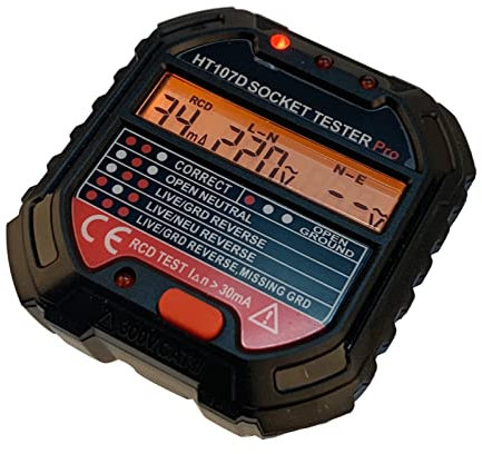 Toma de Prueba de Tierra, HT107D Pantalla Digital LCD Toma de Corriente Enchufe de Red con Medidores de Resistencia a Tierra Herramienta de Verificación de Fallas Detector