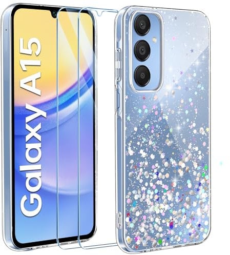 ivencase Glitzer Handyhülle Kompatibel mit Samsung Galaxy A15 Hülle, Klar Silikon Case+2 Stück Schutzfolie, Transparent Pailletten Kratzfest Hülle Weich TPU Stoßfeste Schutzhülle Samsung A15 5G