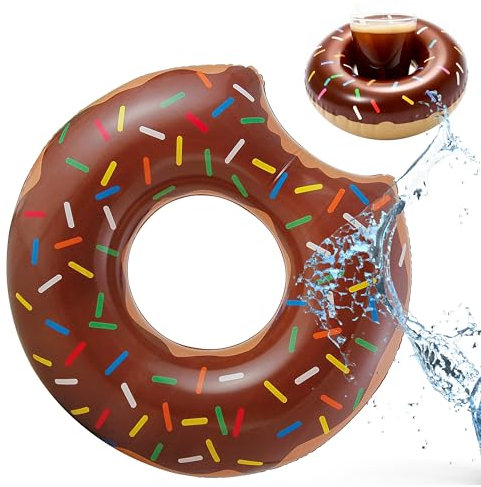 3X Donut Schwimmreifen - ca. 120 cm Luftmatratze für Pool & Wasser - Kinder & Erwachsene & 1x Getränkehalter aufblasbar (3X Braun)