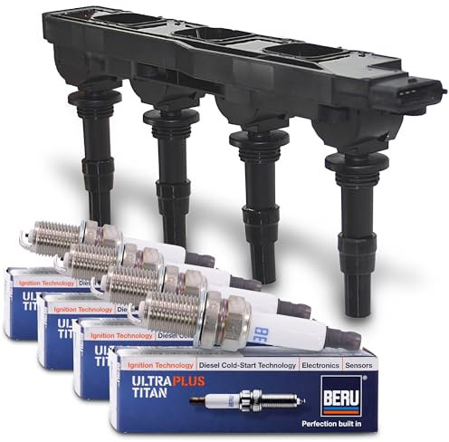 BESTPRICE Zündspule + 4x Zündkerze UPT2, 12 V, 5-polig, SAE/M4, M14x1,25, 1-Masseelektrode, 3-10 kOhm, Auto, Van, 5 Stück