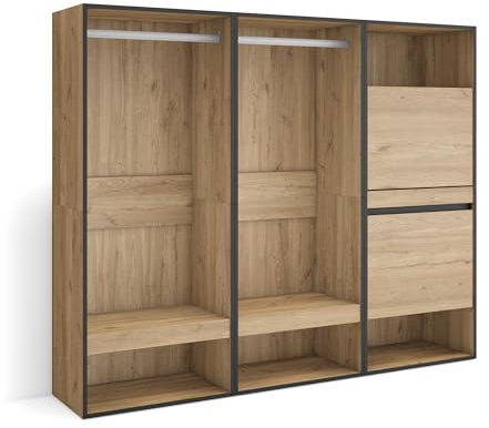 Skraut Home | Vestidor Abierto | Ropa, Zapatos, complementos | 180x145x35 cm | Dormitorio, habitación | Zapatero | Estilo Moderno | Roble