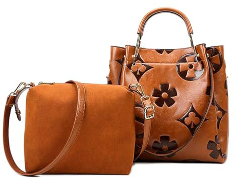 2XK-NOV Beuteltasche Damen Leder Handtasche Groß Handbags for Women Taschenset Crossbody Umhängetasche Abnehmbarer Schultergurt Damentaschen (Gelblichbraun)