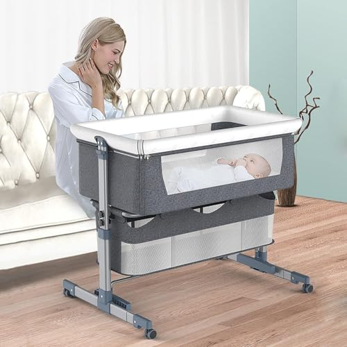 SAYEYBU Tragbares Babybett, Stubenwagen FüRs Bett, Babybett Mit Verstellbarer HöHe, Mit Aufbewahrungskorb, Moskitonetz, Baby-Stubenwagen, FüR Kleinkinder/Babys,Grau