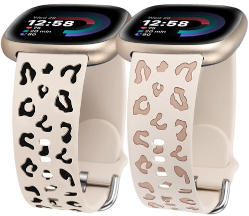 TOYOUTHS 2 Stück Leopard Gravierte Armband kompatibel mit Fitbit Versa 4/Versa 3/Sense 2/Sense Armband, Frauen Männer Zweifarbig Gepard Sport Loop Silikon Armbänder für Versa 4, Polarstern/Milchtee