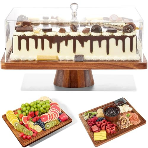 Cake Stand with Lid-Acacia Wood Cake Stand,2-in-1 Shatterproof Serving Platter & Charcuterie Board with Lid, Dessert Table Display for Party,Fruit Tray,Cheese,Veggie,Large Rectangular Cake Dome Cover
