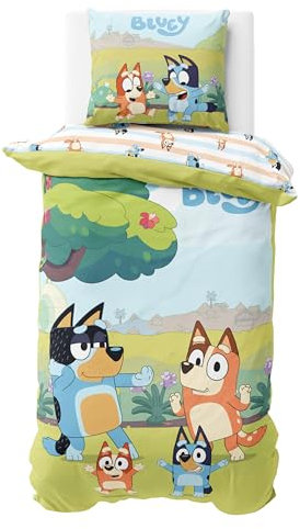 MTOnlinehandel Bluey Bettwäsche 135x200 Baumwolle für Mädchen und Jungen, Kinderbettwäsche, 1x Kissenbezug 80x80 + Bettbezug 135x200, Bingo & Bluey Geschenk