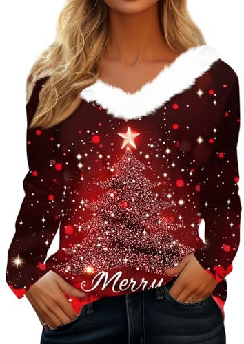 Frauen Pullover Schneeflocke Weihnachten Druck Sweatshirt Weihnachts Sweatshirt Sweatshirts Für Damen Lustig Prime Angebote Rippshirt Ugly Lässig Weihnachts Pullover Damen(1-Wine,L)