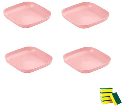 HSNAXingLife 4 Pièces Assiette carrée plastique reutilisable,Assiettes incassables adaptées aux desserts gâteaux fruits salades pâtes,Compatible micro ondes et lave vaisselle (Rose, 18cm)