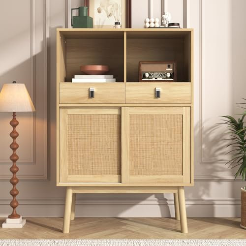 Sideboard Kommode mit 2 Rattan Türen und 2 Schubladen, Landhausstil Hochschrank Aufbewahrungsschrank Buffetschrank Beistellschrank mit 2 Offene Fächer für Flur, Schlafzimmer, Wohnzimmer, Holzfarbe