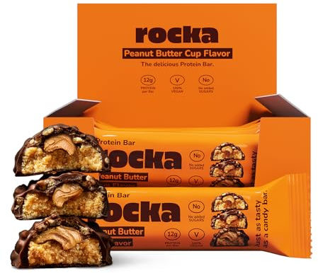 Rocka Nutrition Protein Bar I Veganer Proteinriegel mit 12 g Protein/Riegel I zuckerreduziert I voller Geschmack I 12 x 50g einzeln verpackte No Whey Bars (Peanut Butter Cup)