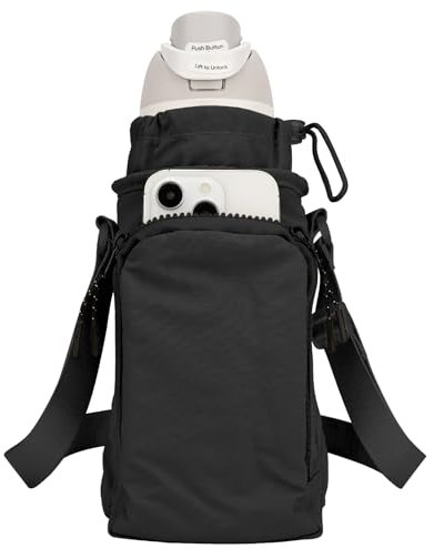 Linkidea Water Bottle Carrier with Strap Compatible with Owala FreeSip 24oz/32oz, IRON FLASK Wide Mouth 32oz, Waterbottle Sling Bag Holder, Shoulder Strap with Phone Pocket (Black)