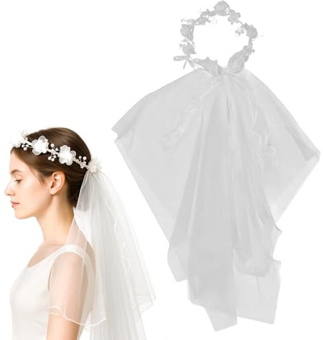 SacJkt Schleier Braut, Blumenkranz Haare, Brautschleier mit Blumenkranz und Perlen, Einfacher und Eleganter Weißer Schleier für Haarschmuck Hochzeit, Festspiele oder Musikfestivals