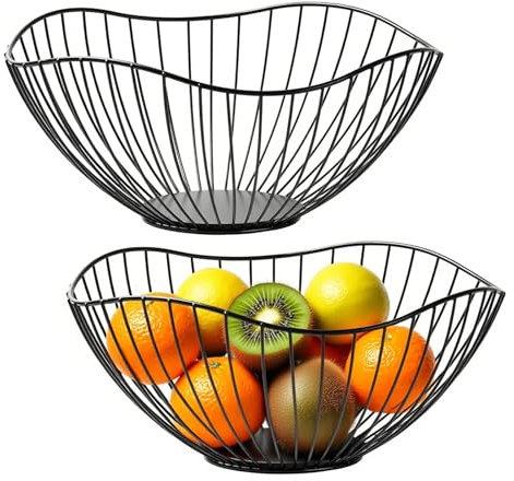 MAHIONG 2 PCS Black Fruit Bowls, Large Fruit Bowl, Wire Fruit Basket, Large Iron Fruit Holder for Worktop, Table, Refrigerator, 25.5 x 13cm