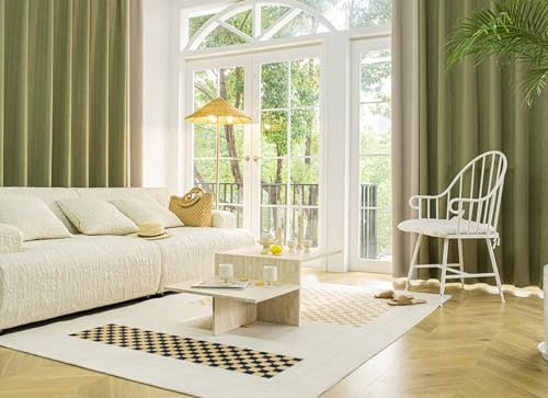 Tolldek 2 Stück Gardinen Vorhang Fenster, Vorhänge Motiv Patchwork, Chenille Ösen Vorhang Muster Verdunkelung Fenstergardinen Modern für Wohnzimmer, B 107 x H 138cm, Beige Grün