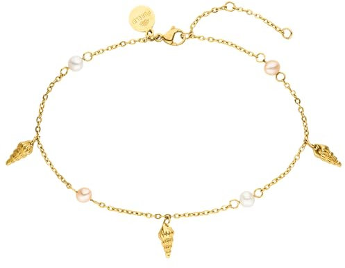 Purelei® - Akala Fußkettchen Damen – Edelstahl 18K vergoldet/rosé/silber – Mit echten Süßwasserperlen & Muschelanhängern – Verstellbar 21–25 cm – Sommerliches Fußband (Gold)