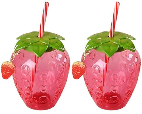Upiulote 2Pcs Strawberry Cup 500ml Cute Cartoon Clear Strawberry Tumbler with Straw, Lid and Pendant Hawaiian Decorations Portable Water Bottle Gift for Home Office School Cup