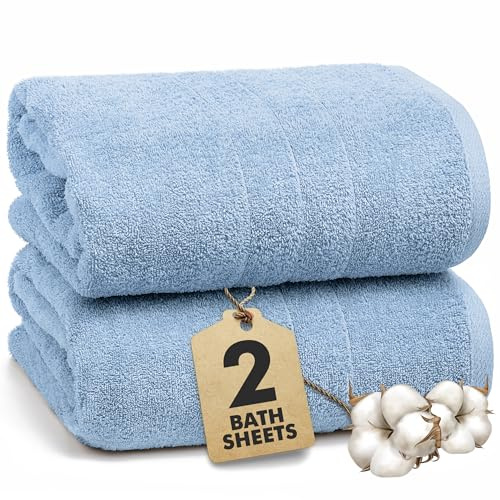 Novo Home Bath Sheets - Extra Large Bathroom Sheet Set – 550 GSM Pack of 2 Jumbo Towels Sky Blue (90x180cm) – 100% Ring Spun Cotton Soft Quick Dry Large Bath Towels for Adults Hotel Spa Bathroom Use