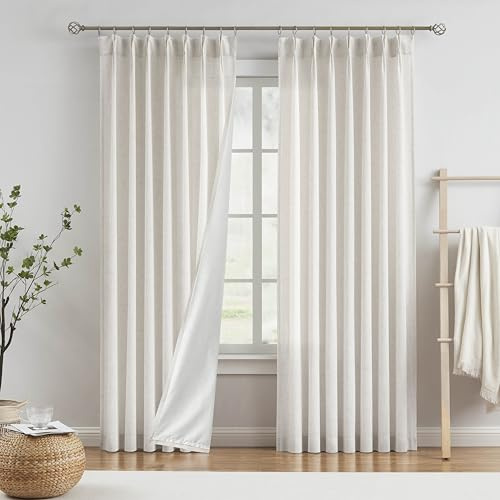 Vision Home Natural Pinch Pleated Light Filtering Curtains with Microfiber Liner 90 inch Linen Blended Textured Privacy Drapes for Living Room Bedroom Back Tabs with Hooks 2 Panels 40 Wx90 L