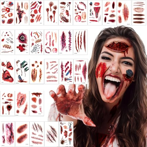 Halloween Tattoo Narben 30 Blätt Halloween Tattoo Gesicht,HalloweenAufkleber Vampir Schminke Accessoires,Fake Tattoos Wunden Zombie Makeup Temporäre Tattoos HalloweenDeko Horror Cosplay Sticker