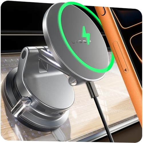 LISEN 15W Magsafe Car Mount Charger，[Lever Lock] Suction Cup Phone Holder, [More Portable＆Flexible] 360° Vacuum Magnetic Car Phone Holder Charger Wireless for iPhone 17 Pro Max Air 16 15 14 13 12,Grey