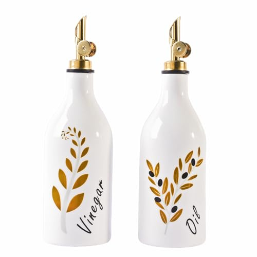 Satu Brown Oil and Vinegar Dispenser with Spout Set of 2, 13.5oz Olive Oil Dispenser Bottle for Kitchen Leakproof Oil Containers with Stainless Steel Pourer Suitable for Oil, Vinegar, Soy Sauce