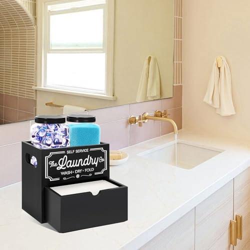 Laundry Pods Storage Container, Washing Tablet Storage with 2 Plastic Laundry Organiser Storage Jars, Laundry Detergent Storage 2 Tier Dryer Sheet Holder for Laundry Room Organisation (Black)