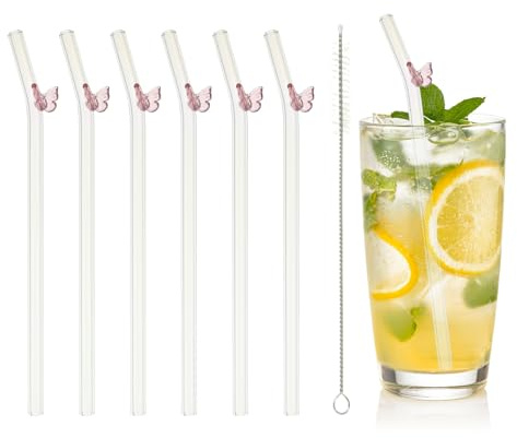sourcing map 6 Pcs Reusable Glass Straws, 7.87 Butterfly Glass Straw Shatter Resistant Clear Cute Straws for Whiskey Coffee Juice Soda Drinks Tea, Pink