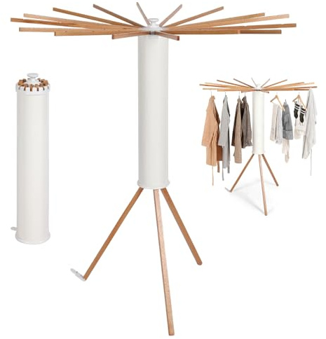 maxant Tripod Clothes Drying Rack, Wooden Octopus Clothes Airer, Foldable & Portable Laundry Drying Rack with 16 Arms for Hangers, Space Saving Clothes Horse Stand Racks, Indoor/Outdoor Use (White)