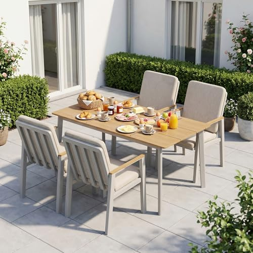 LANOX Aluminium Gartenmöbel Set mit Tisch und 4 Stühlen | Wetterfest & rostfrei, Tisch 150x80cm, Tischplatte in Holzoptik, inklusive 22D Schaumstoffpolster, für Terrasse & Garten