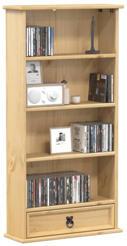 Dizorality CD-Schrank Corona aus massivem Kiefernholz, 52x17,5x103 cm, mit Schublade und Metallgriff, Stauraum für CDs und Ordner, vielseitig als Büro-Aktenregal oder Wohnzimmer-Organizer