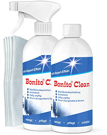 Bonito-Clean Doppelpack:(2 x 500 ml + 5 Poliertücher) Hightech Reiniger aus der Flugzeugindustrie - für Fenster & alle glatten Oberflächen, Antistatisch, 2-in-1 Reinigung & Beschichtung