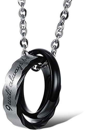 JewelryWe Ringe Halskette Herren Edelstahl: 2 Ringe Verrigellung Anhänger Kette mit Gravur I Will Always be with You Partneranhänger Partnerkette Geschenk für Männer Schwarz Silber