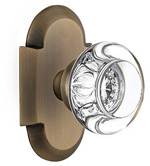 Nostalgic Warehouse Cottage Plate with Round Clear Crystal Glass Knob, Privacy - 2.375, Antique Brass